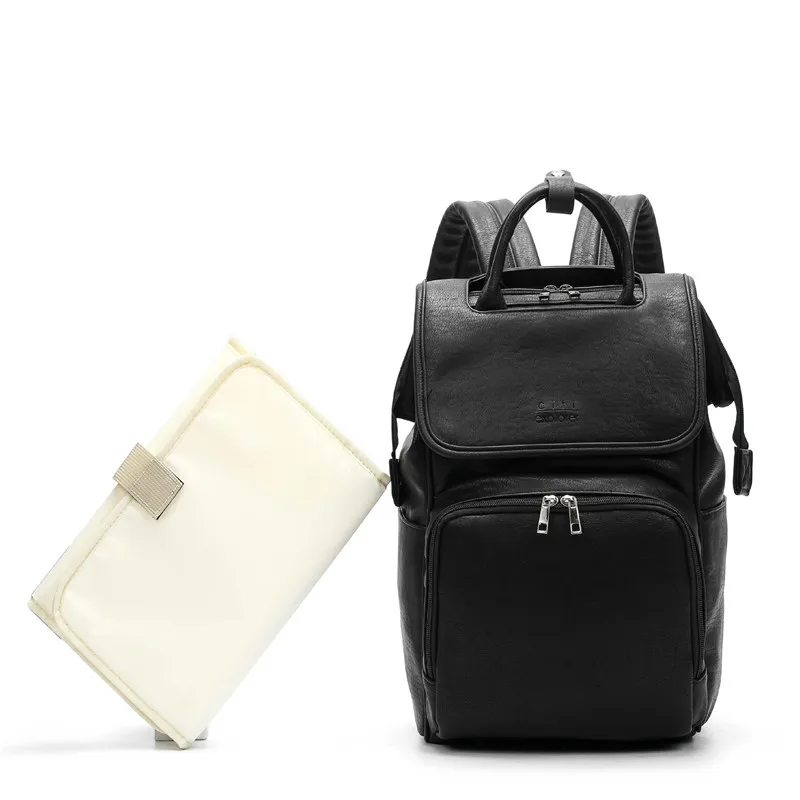 Сумка для детских подгузников из искусственной кожи, рюкзак для мам, Большая вместительная сумка для подгузников с пеленальной подкладкой+ ремни для коляски, коричневый и черный цвета - Цвет: Black Diaper Bags