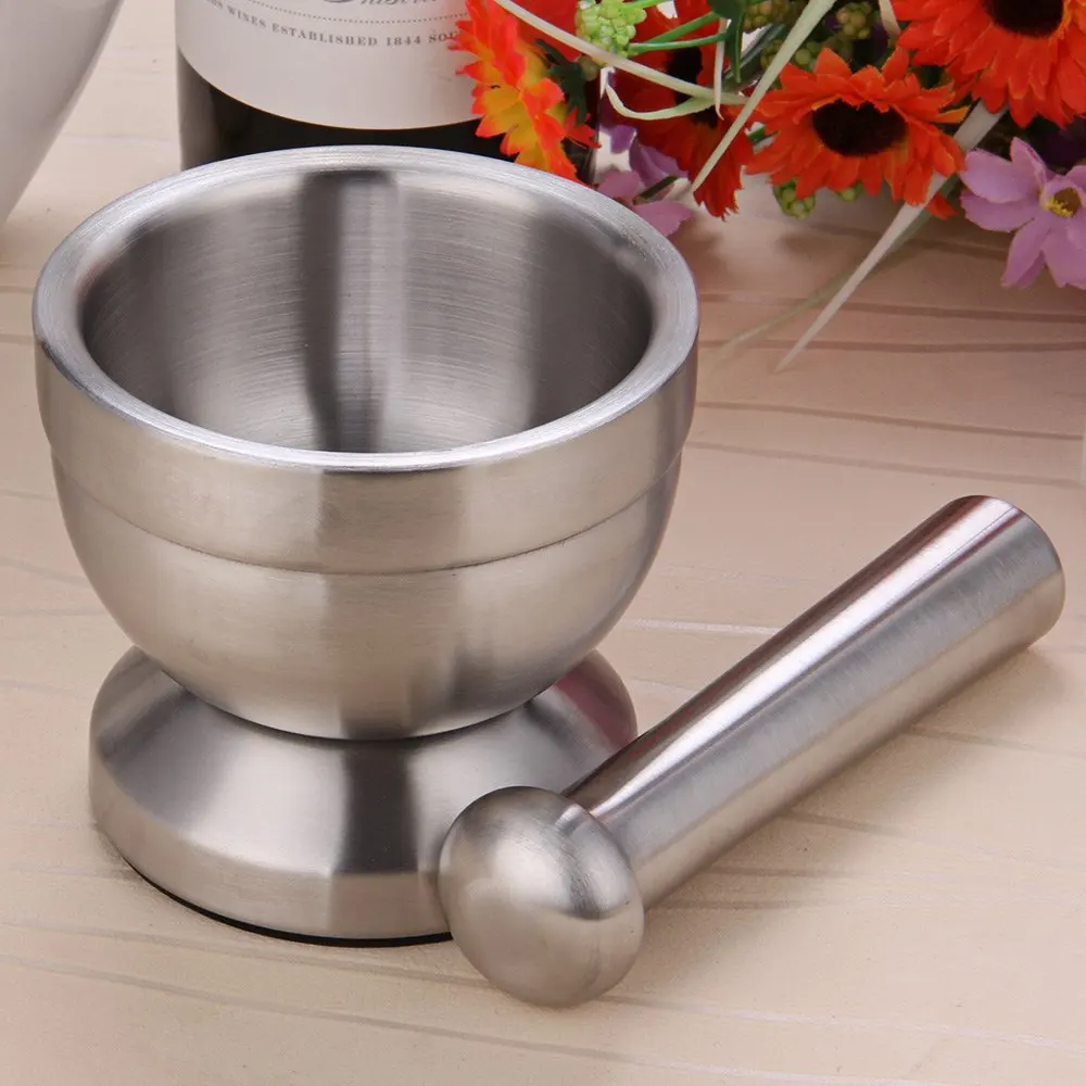  Double Stainless Steel Metal Mortar Salt And Pestle Pedestal Bowl Garlic Press Pot Herb Mills Pepper Spice Grinder Pugging Pot 