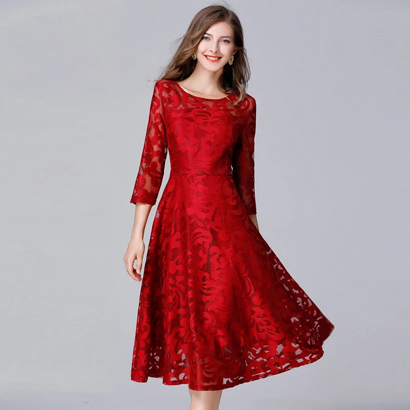 

2019 new arrival women fashion lace A-line dresses plus size spring autumn women hollow lace long dress