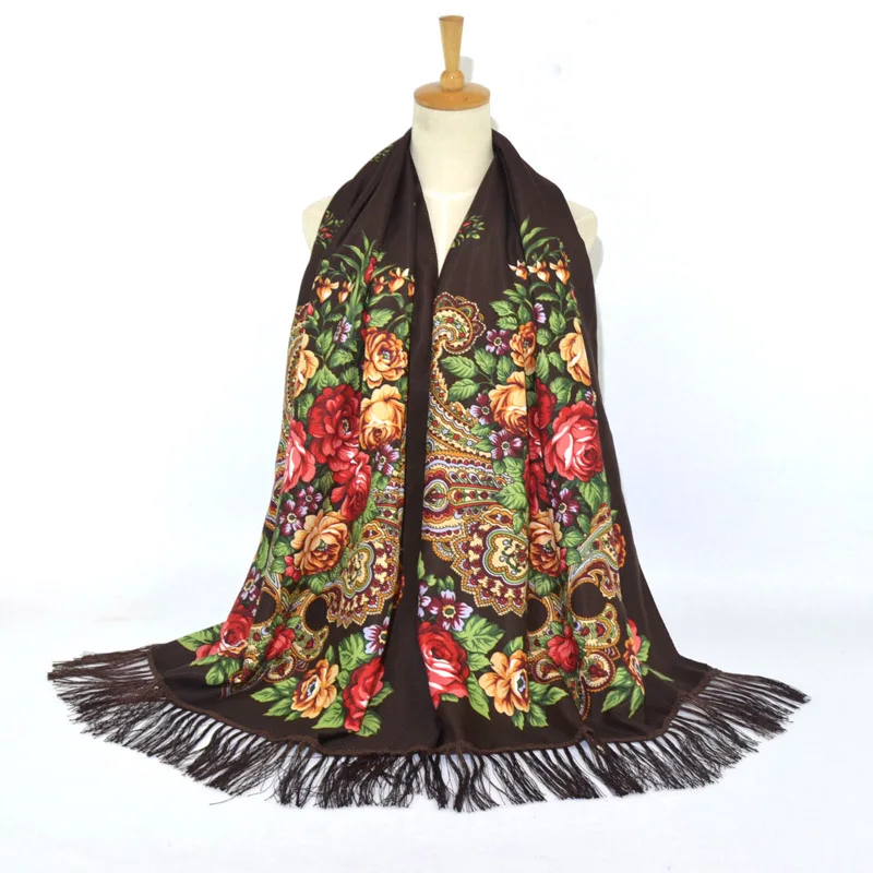 [FAITHINK] Модный женский русский шарф с цветочным принтом, длинный осенний зимний женский Праздничный подарочная шаль с кисточками, Женский хиджаб с Пейсли - Цвет: JM39a brown