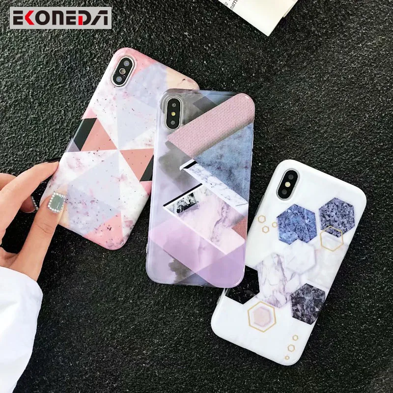 

EKONEDA Geometric Marble Case For iPhone XS Max Soft Cover Glossy IMD Silicone Phone Case For iPhone 8 Plus 6S 7 Plus XR