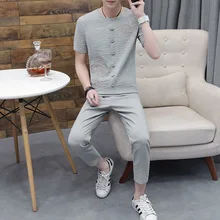 Для мужчин Пижама детская одежда летняя футболка с короткими рукавами льда шелка из хлопка и льна одежда для сна тонкий Для мужчин сон лаунж-Пижама пижамный комплект брюк