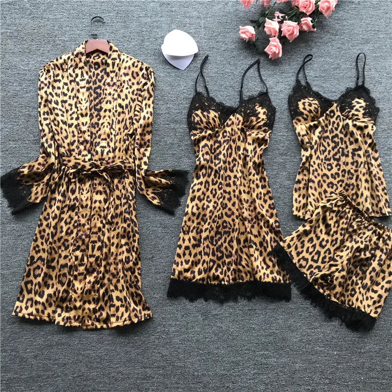 SAPJON, пижамы с леопардовым принтом для женщин, кружевное сексуальное женское белье, шелковые пижамные комплекты, женская летняя Пижама - Цвет: Leopard 1