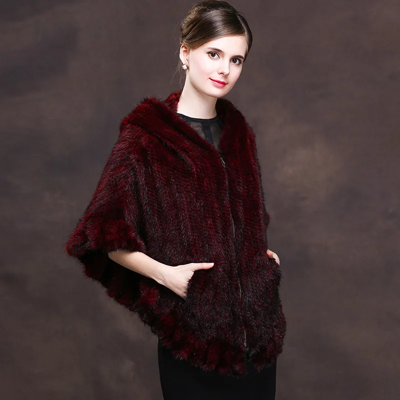 Hooded natural knit mink fur coats outerwear women real fur cloaks 2018 new style fashion zipper real mink fur jackets