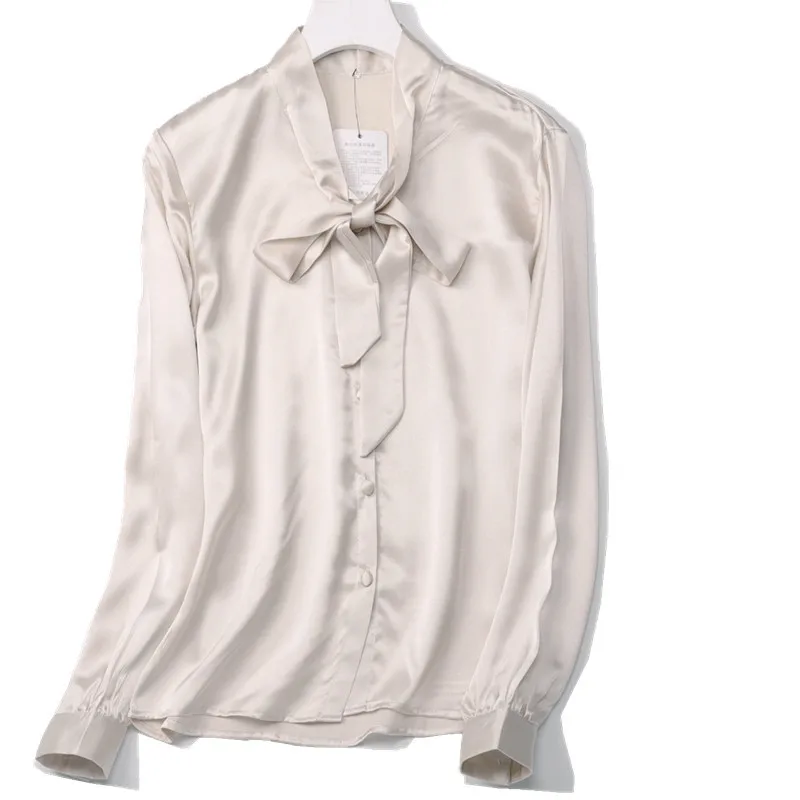 100% натуральный шелк блузки OL сплошной цвет длинный рукав натуральный шелк галстук-бабочка Блузка Топы Для Женская офисная одежда рубашки
