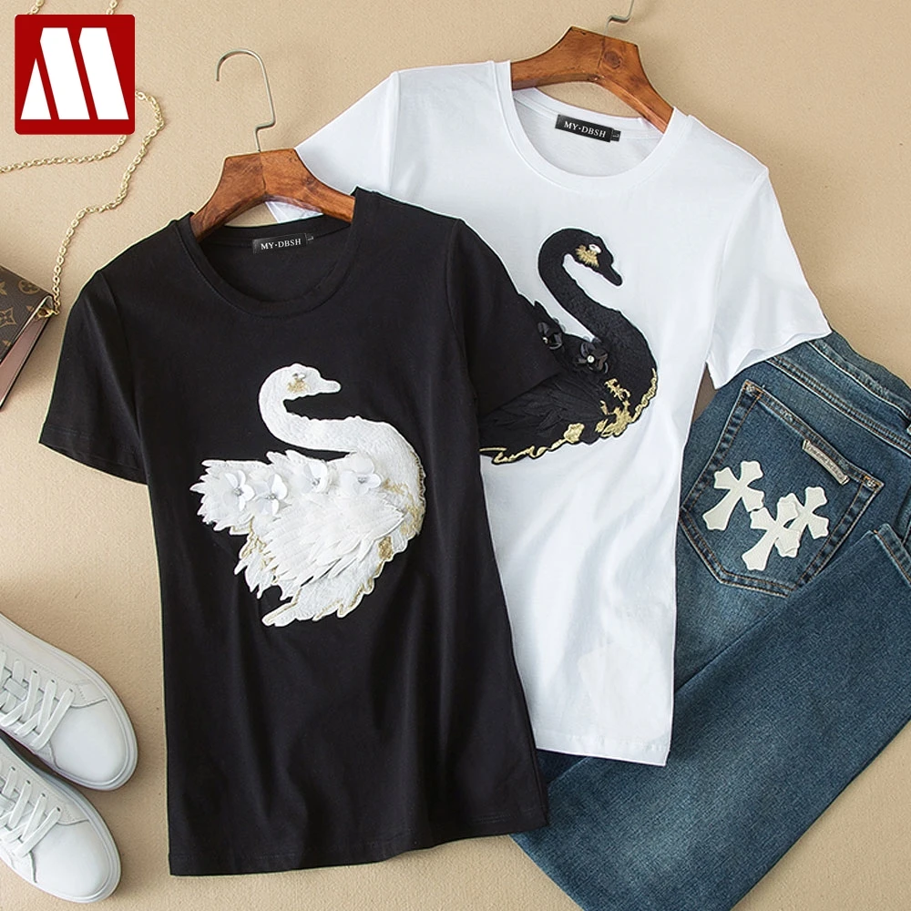 

MYDBSH 2019 Harajuku Cute Swan Patch Women T-shirts Casual Tee Tops Black Swan Summer Short Sleeve Female T shirt Women Clothing