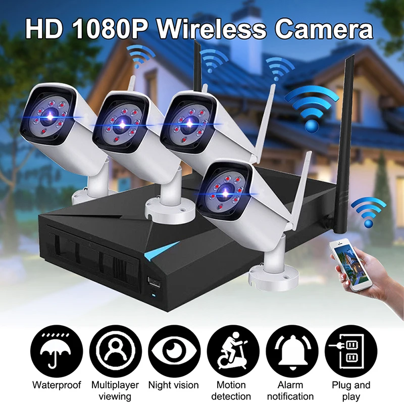 1080P 4CH WiFi Беспроводная CCTV система видеонаблюдения NVR комплекты для помещений/улицы IP камеры водонепроницаемый датчик движения