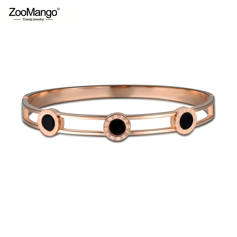 

ZooMango Trendy Titanium Steel Black Shell Bangles Bracelets Rose Gold Hollow Roman Numbers Classic Cuff Bangle Jewelry ZB17008