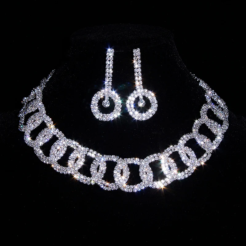 Классические Кристальные Свадебные Ювелирные наборы, стразы серебряного цвета, ожерелье, Свадебные обручальные ювелирные наборы для женщин, аксессуары X17
