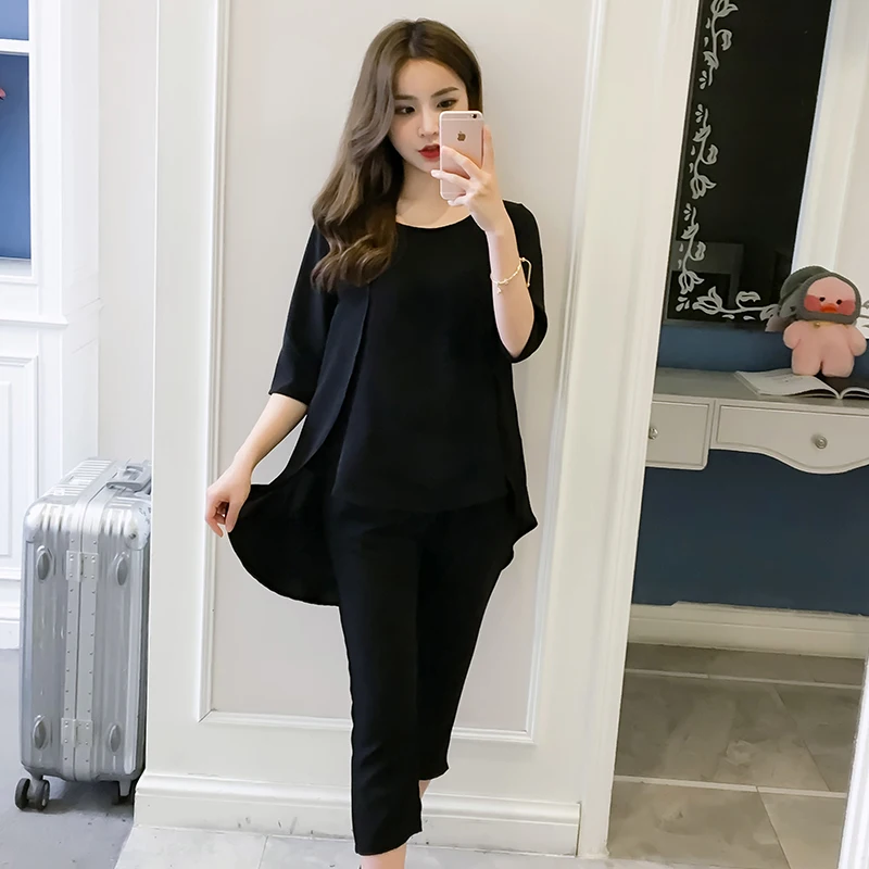 

Women Plus Size Two Pieces Sets Female Casual Loose Suits Woman Round Neck T-shirt and Calf -length Pants Set Ladies Clothes
