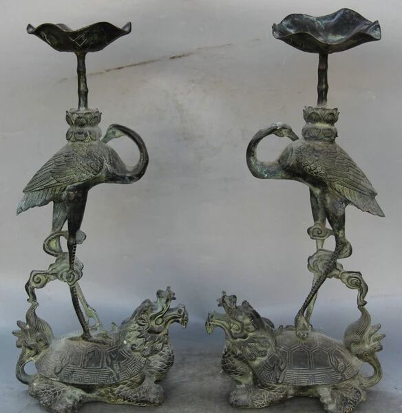 

JP S61 19" Old Chinese Bronze Dragon tortoise Turtle crane Candle Holder Candlestick