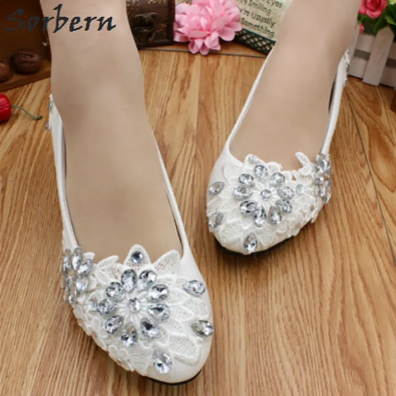 

Sorbern Clear Crystals Womens Shoes Low Heels 2018 White Wedding Shoes Slip On Lace Appliques Rhinestones White Heels Kitten