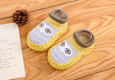 6colors Fox Cartoon printing footwear Floor Socks Faux Leather walking kid infant boys girls winter warmer for children - Цвет: A0203-yellow owl