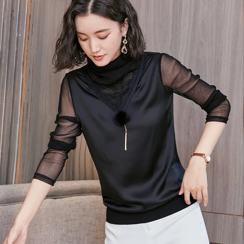 

Women clothing New 2018 fall fashion black women's shirts Long sleeve white Lace blouse shirt transparent sleeve blusas 665G3