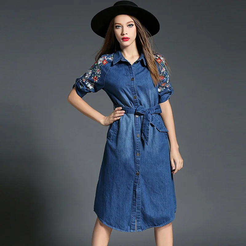 Женщины Элегантный Деним Изысканной Вышивкой Цветочные Ткань Ruched Длинные Джинсы