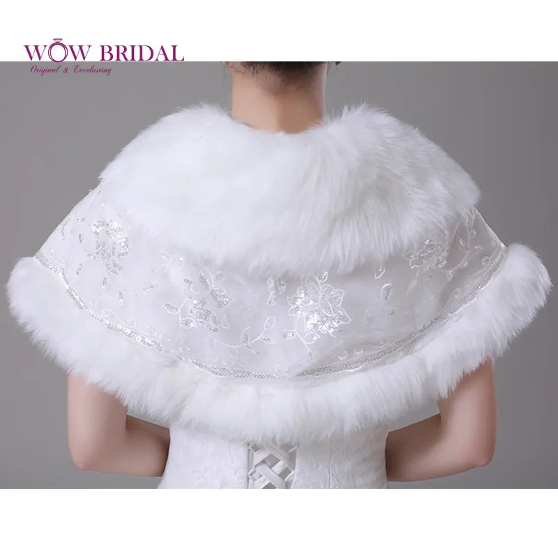 Wowbridal изящные белый свадьбы обертывание подчинение искусственного меха шаблон блестки бисером с бантом шаль свадебные аксессуары пальто