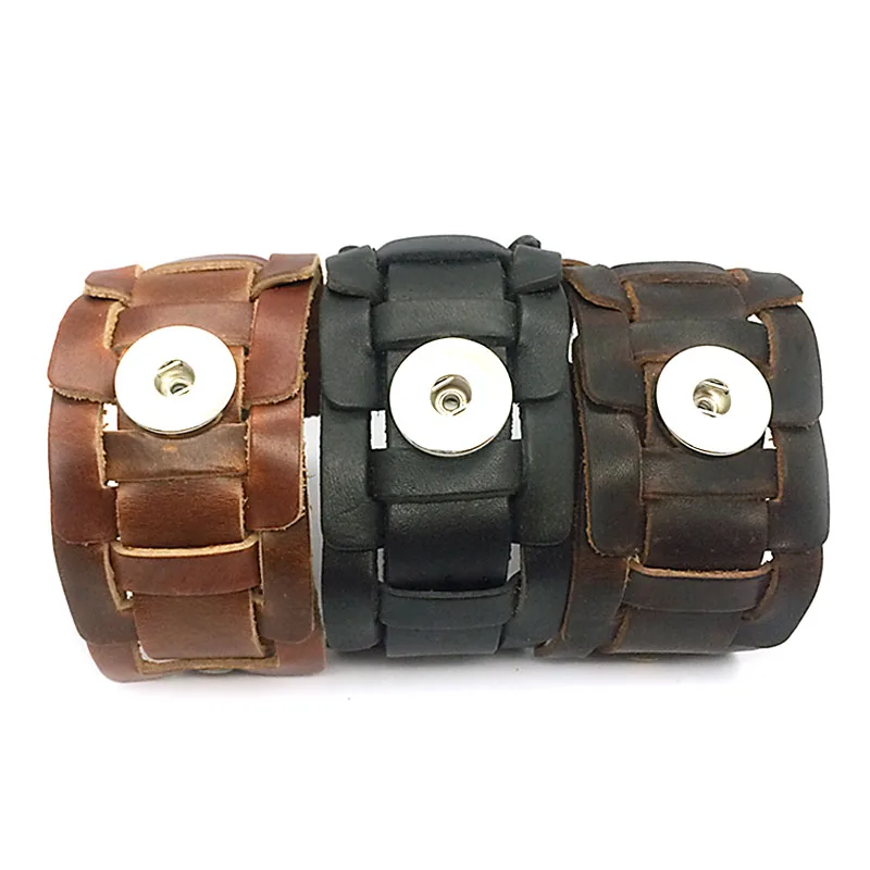

High quality 016 hand woven Genuine Leather Retro fashion Bracelet Snap Button Jewelry Charm Jewelry For Women(fit 18mm button)