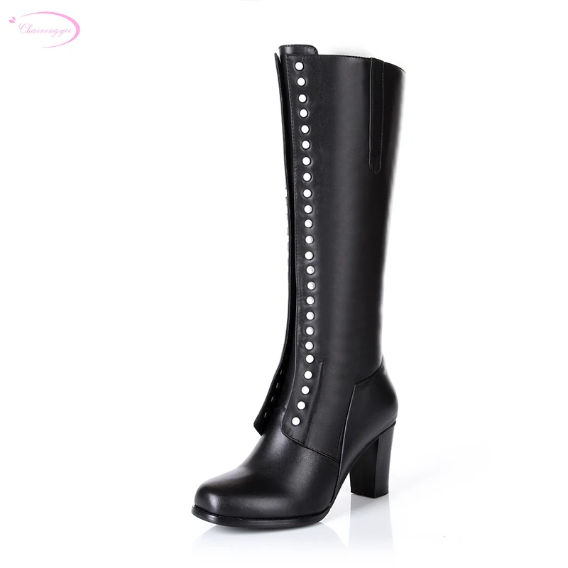 

Chainingyee handmade high quality custom leather knee high boots row metal rivets decoration high-heeled women's riding boots
