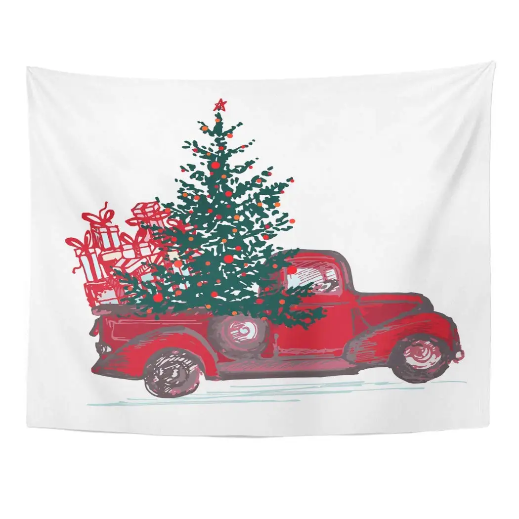 Wall Tapestry Watercolor Christmas Festive New Year Red Truck Fir Tree Decorated Balls Green Vintage Car Decor | Дом и сад