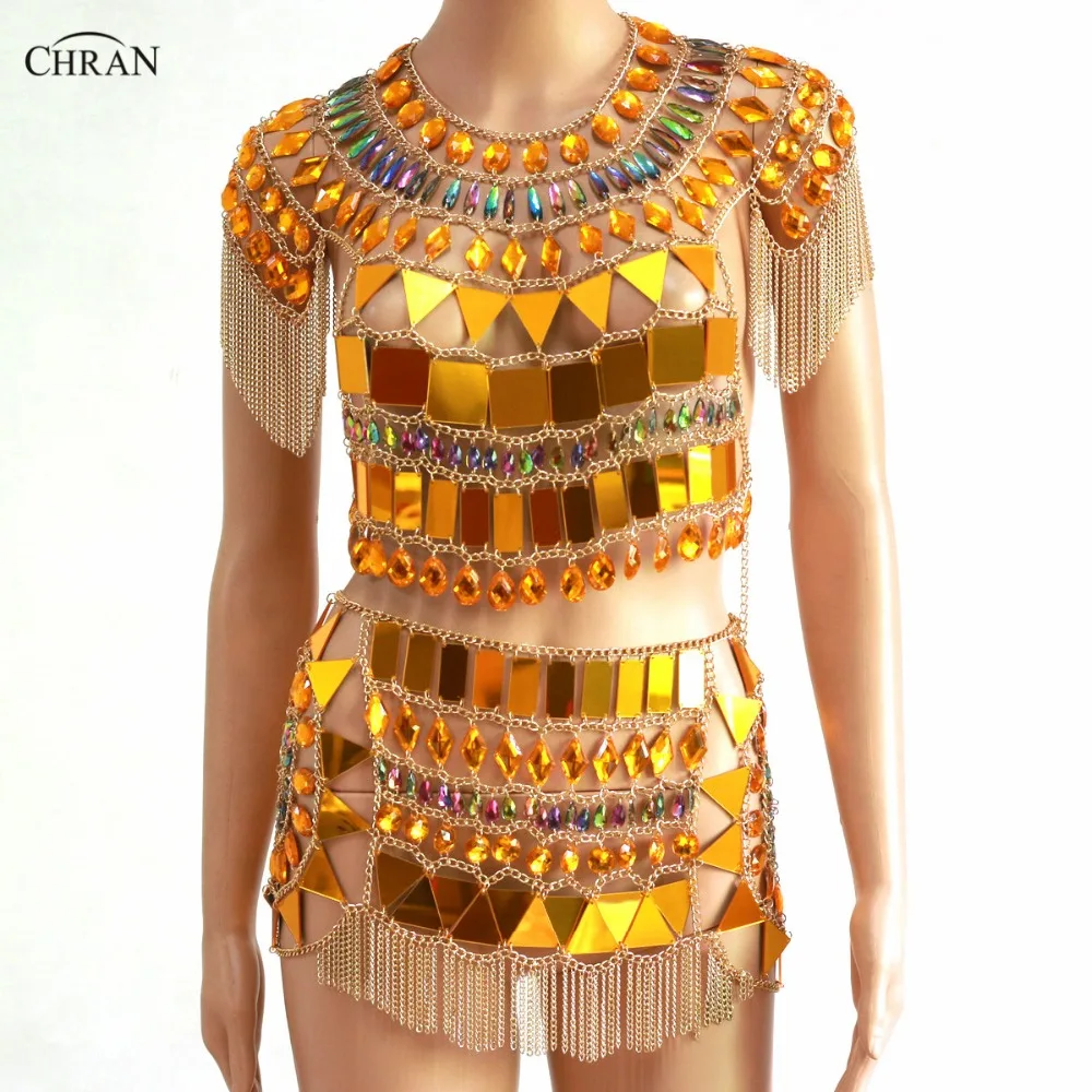 

Chran 2 Two Piece Nightclub Party Crop Top Chain Skirt Exotic Necklace Beach Bra Bralette Gem Sparkly Dress Festival Wear CRS460