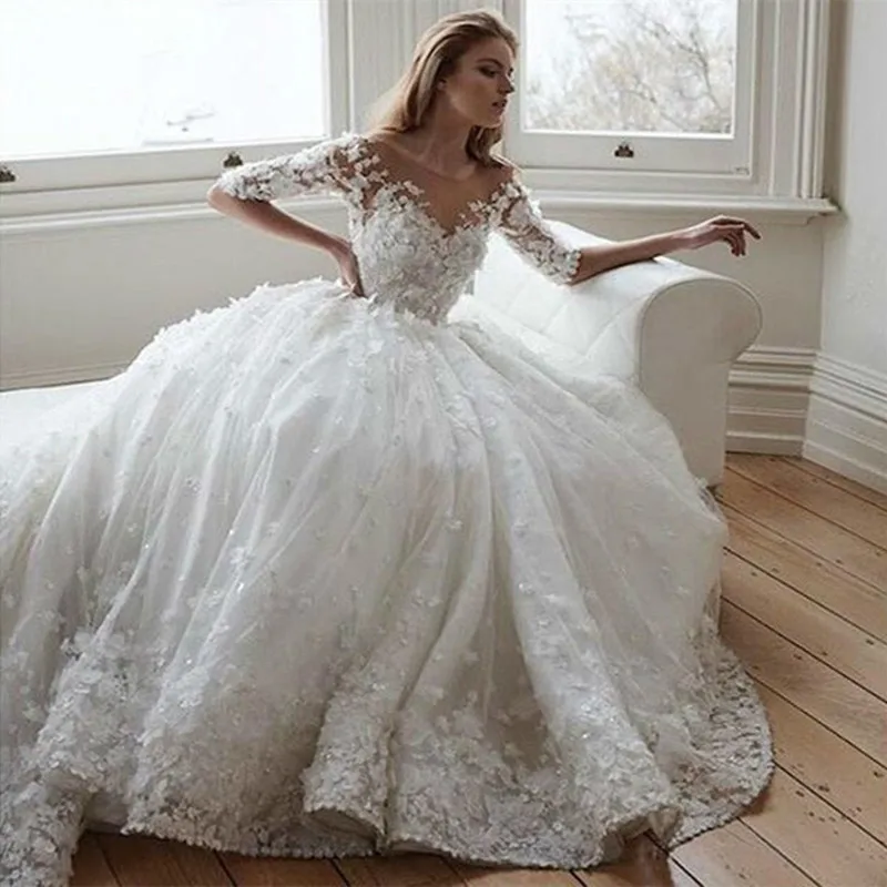 

BONJEAN Wedding Dress 2019 Half Sleeve Lace Flowers Beading Vintage Luxury Wedding Gowns Custom made Long Train Vestido de noiva