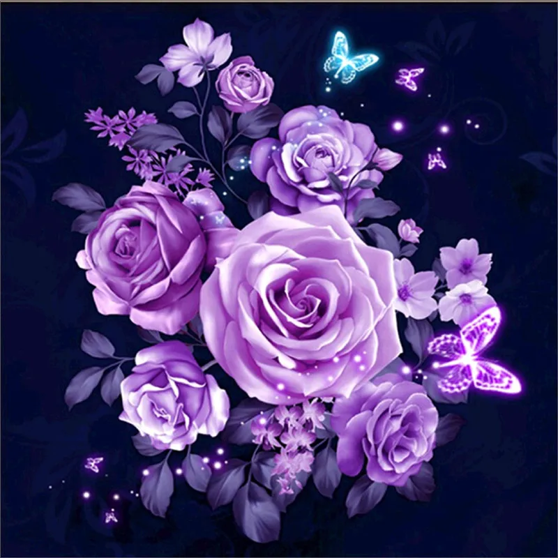 

5D Diamond Embroidery DIY Round Diamond Purple Rose Flower Butterflies Picture Diamond Painting Cross Stitch Home Decals