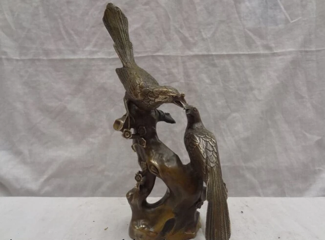

S3796 10" Chinese Bronze Carved Fly Bird 2 Pie Pied Magpie On Tree Statue Sculpture D0318