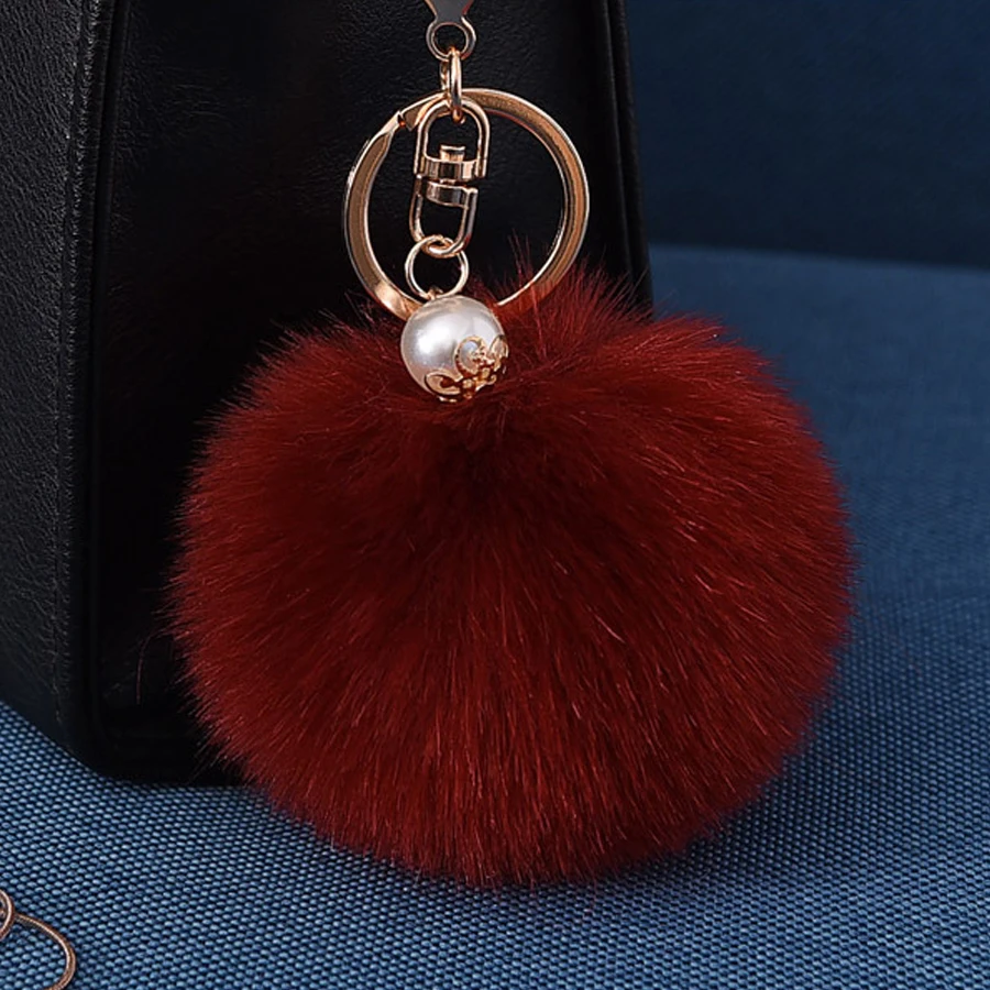 

Fashion Pompom Keychains Women Artificial Rabbit Fur Ball Faux Pearl Pendants Bag Car Keyring Fluffy Fur Key Chains Porte Clef