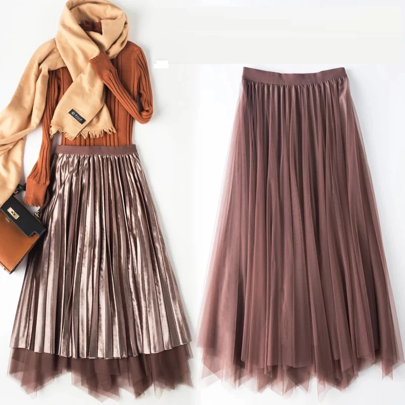 

Velvet Tulle Long Skirts Women Fashion Autumn Winter High Waist Pleated Skirt Female Elegant Long Skirt Two ways of wearing