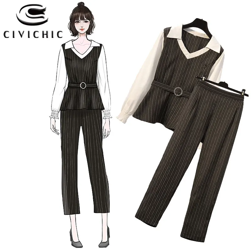 CIVI CHIC Big Size Women V Neck Pullover Shirt Striped Pants 2 PCS Set Spring Long Sleeve Tops Slim Trousers OL Two Piece WSET11 |