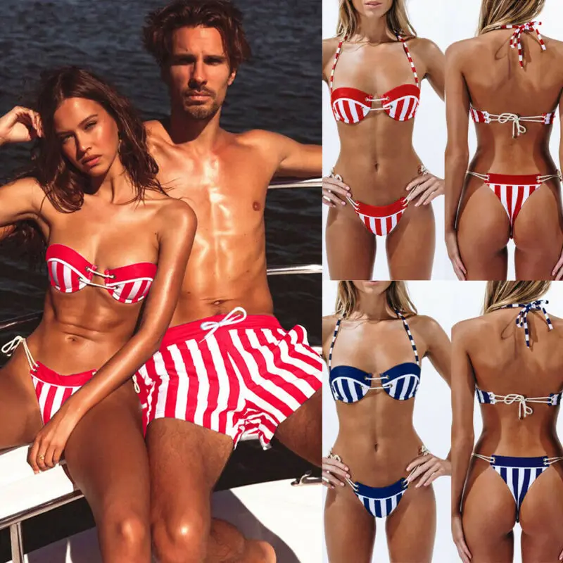 

Couples Swimsuits 2019 Summer New Women Striped Bikini Set Padded Push-up Swimwear Men's Trunks Swimming Shorts