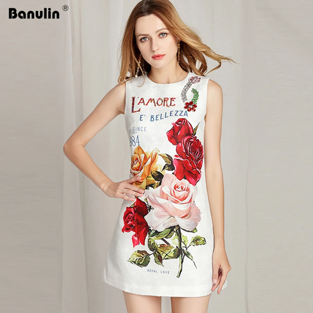 Banulin المدرج الصيف حزب تانك اللباس المرأة الساحرة الديكور يزين الفاوانيا زهرة مطبوعة حزب vestidos فستان قصير