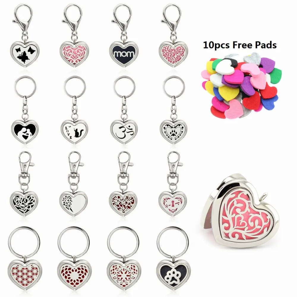 

More Options 316L stainless steel Heart Shape Essential Oil Diffuser locket with Zinc Alloy Key Ring Keychain keyring+10pads