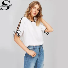 Sheinside Bow Tie Split Sleeve Blouse White Elegant Tops Contrast Binding Women Autumn Sheer Tops Casual Chiffon Tunic Blouse