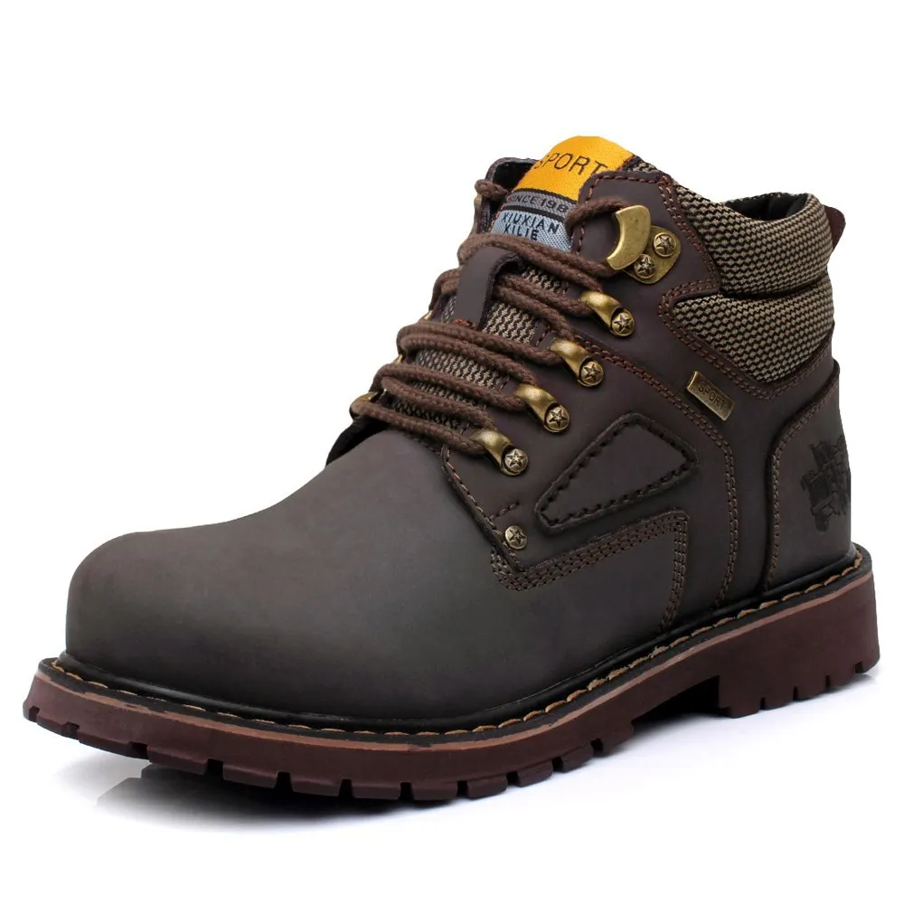 Новые мужские рабочие ботинки Осень-зима кожаные ботинки с заклепками повседневная мужская обувь бренда QIYHONG размера плюс 38-44 - Цвет: Dark brown