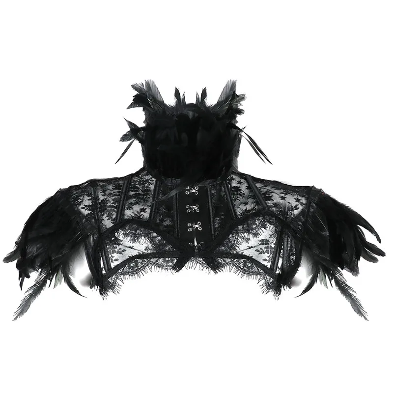 Women Retro Vintage Punk Gothic Feather Collar Shoulder Lace Cape Bolero Jacket Shrug Tops Halloween Party Goth Rave Costumes