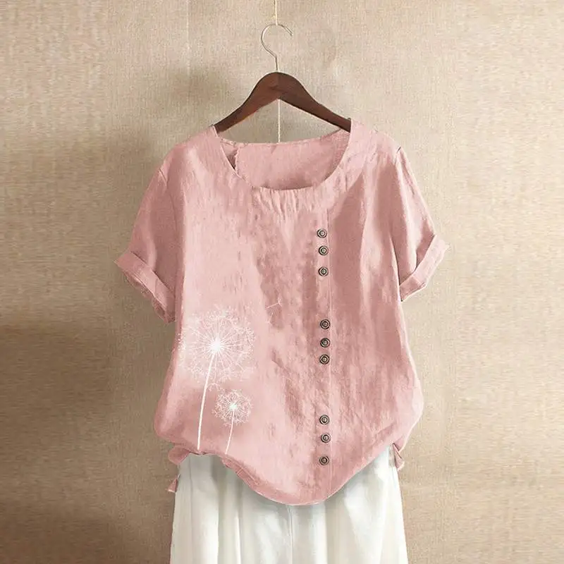 

Summer Vintage Short Sleeve Blouse Women Casual Floral Printed Solid Shirt Plus Size Tunic Tops Female Cotton Linen Blusas Mujer