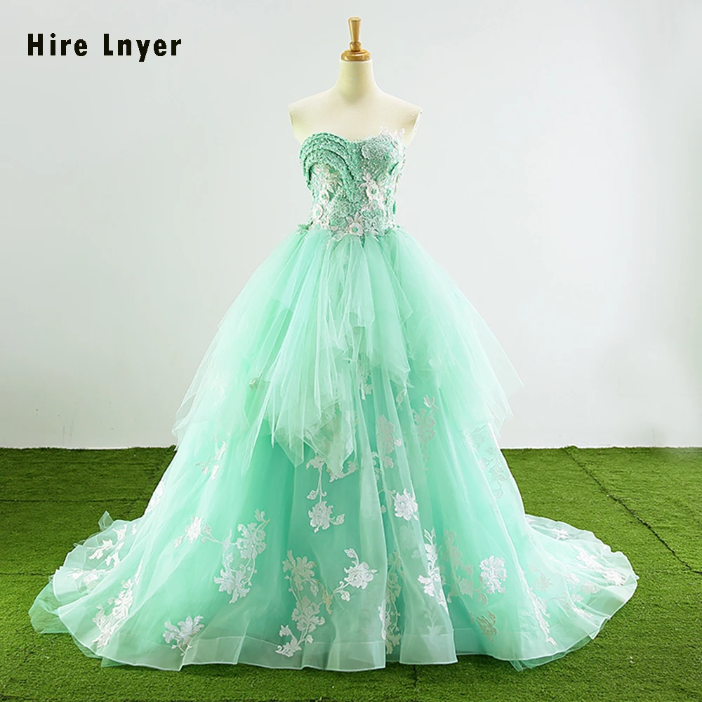 

HIRE LNYER New Special Sweetheart Neck Lace Up Appliques Pearls Mint Green Ruffled Organza Ball Gown Wedding Dress Plus Size