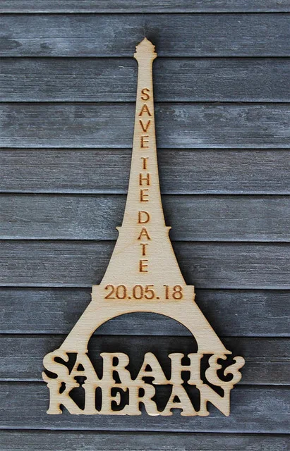 

Custom Eiffel Tower / Paris themed wedding Personalised Wooden SAVE THE DATE Fridge Magnets