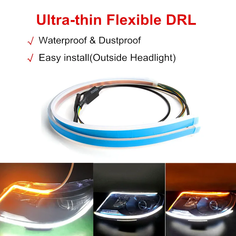 Kopen OKEEN 2x Universele Auto Led DRL Dagrijverlichting Vloeiende Loopt Koplamp LED Strip Waterdicht Brake Knipperlichten Amber