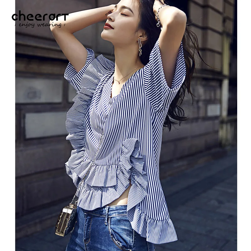 

Cheerart V Neck White And Blue Striped Ruffle Blouse High Low Shirt Summer Korean Ladies Top With Flounces Clothing