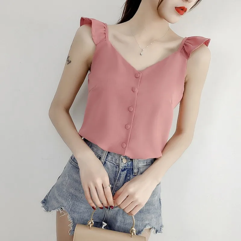 Summer Ruffles Chiffon Button Loose Tank Top Women Sleeveless Shirt Casual Blouse Fashion