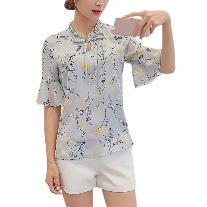 Летняя женская шифоновая блузка с расклешенными рукавами, рубашки, модные топы с цветочным принтом, женские блузки для девушек - Цвет: as shows