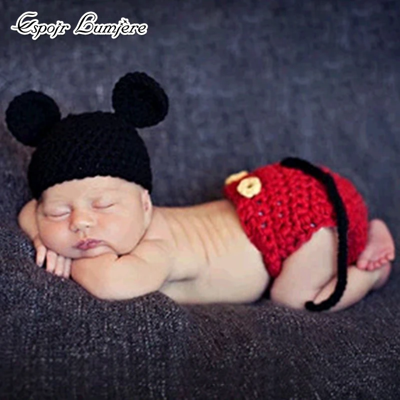 

Photography Props Crochet Knit Outfits Photo Accessories Toddler Infant Costume Pants Set Cute Baby Hat Set Newborn Cartoon