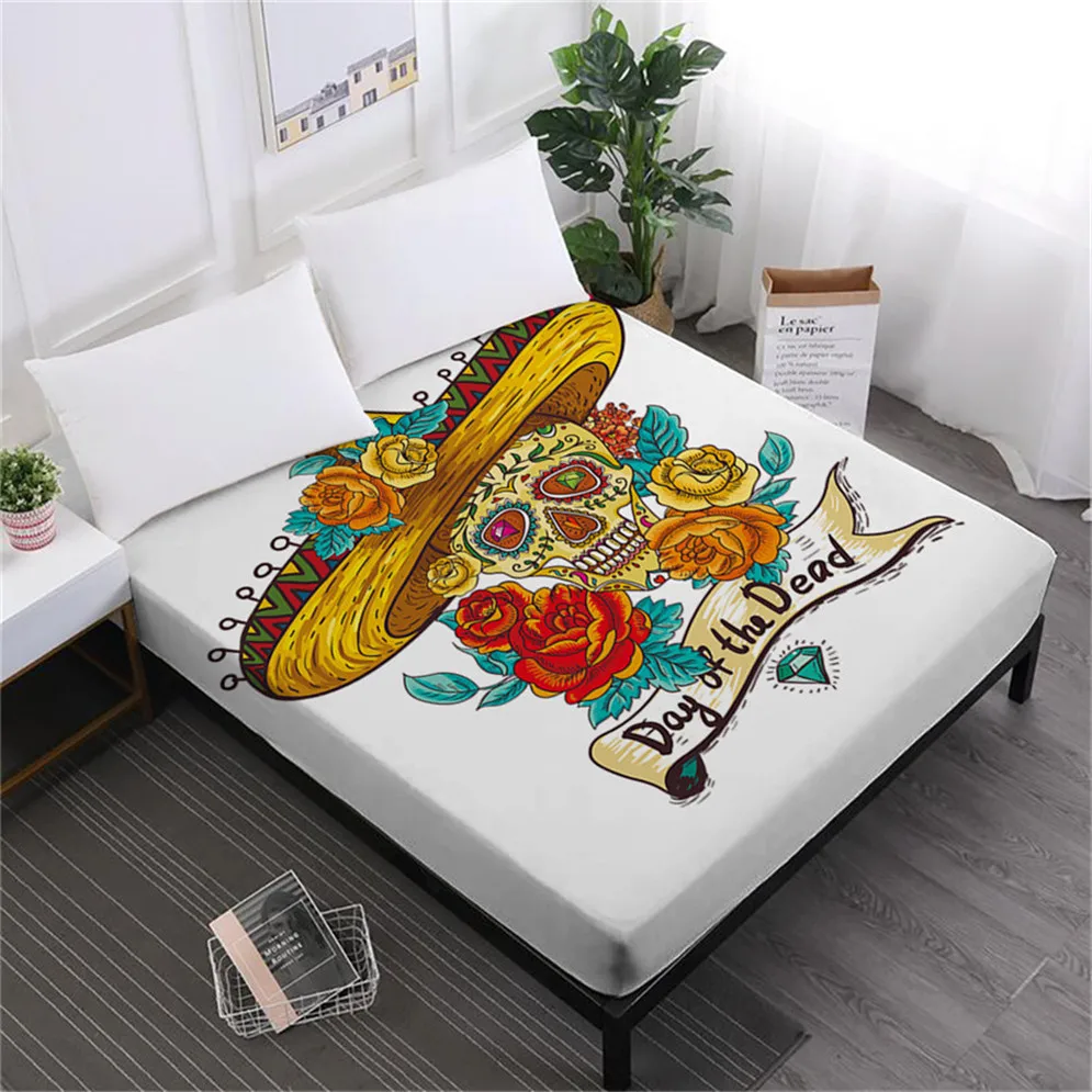 

Day of the Dead Bed Sheets Sugar Skull Fitted Sheet Colorful Flowers Skull Print Sheet Queen King Mattress Cover Deep Pocket D25