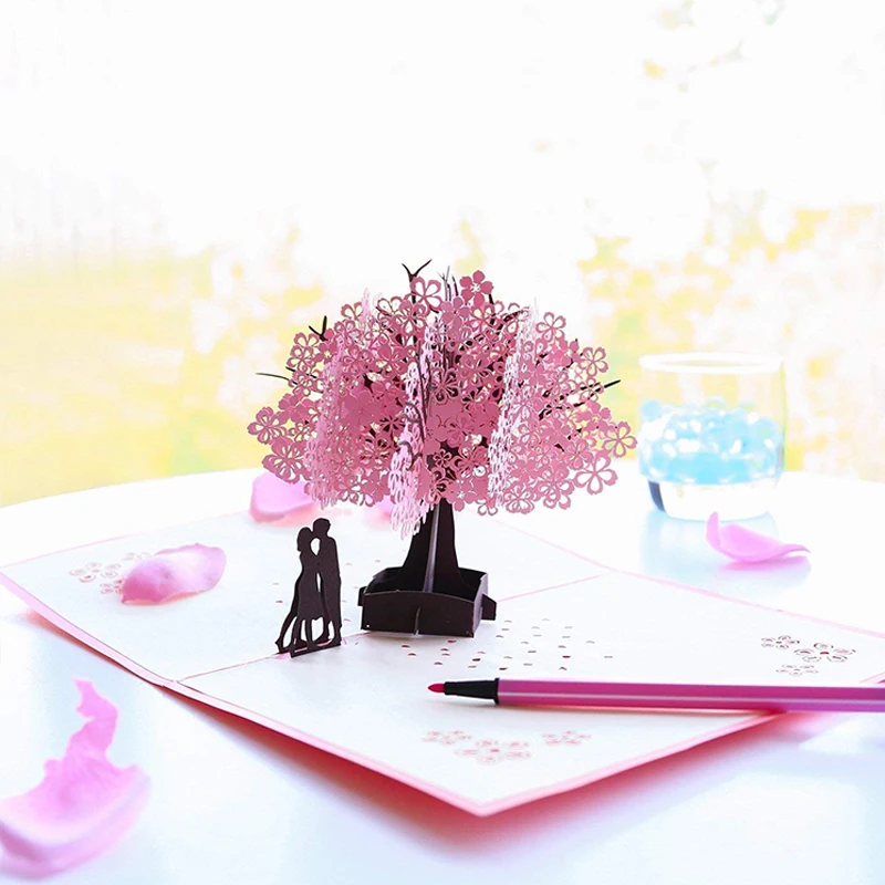 

Valentine's Day gift Romantic Sakura Tree 3D Pop Up Greeting Card Flower Laser Cut Postcard Handmade love gift