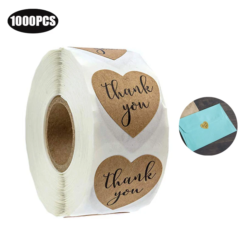 

1000PCS Wedding Ramadan Accessories Kraft Heart shape Gracias spanish thank you purchase Stickers seal labels for gift Packaging