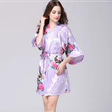 Сексуальный европейский стиль светло-фиолетовый мини женский Шелковый с пестрым рисунком кимоно халаты для свадебной вечеринки платье подружки невесты S-3XL 010429