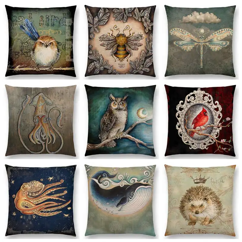 Classic Retro Magical Animals Cool Bird Blue Whale Hedgehog Moonlight Owl Bat Bee Octopus Throw Pillow Case | Дом и сад