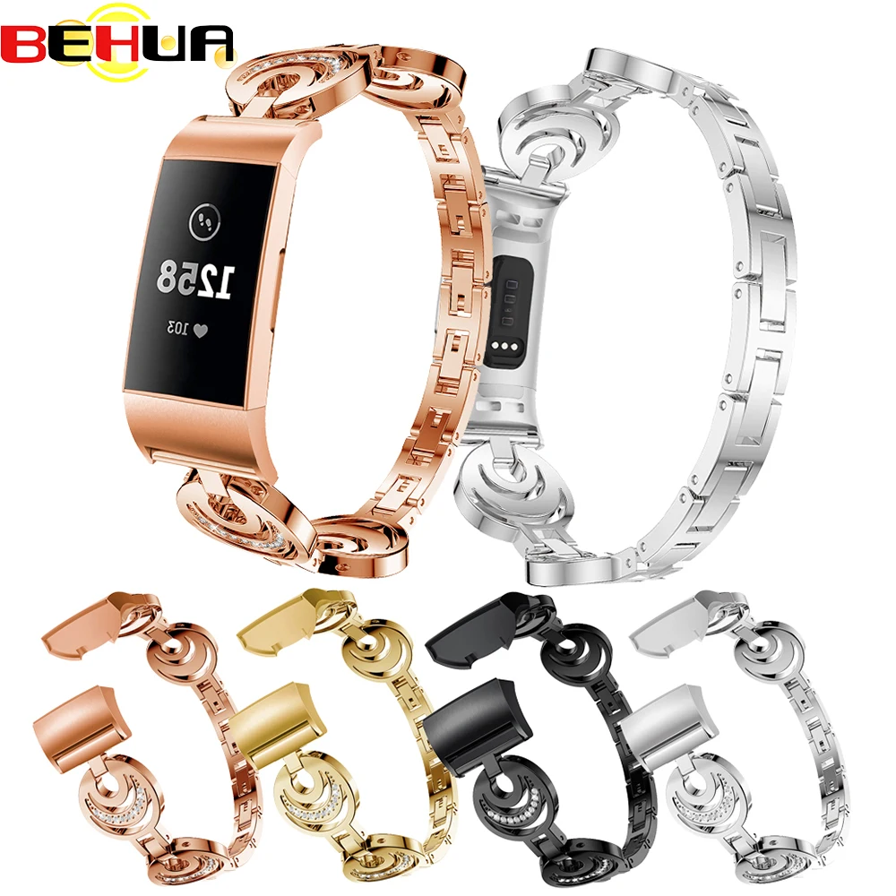 

Watch Band for Fitbit Charge3 Bands Replacement Stainless Steel Metal Wrist Strap with Rhinestone Bracelet for Fitbit Charge 3